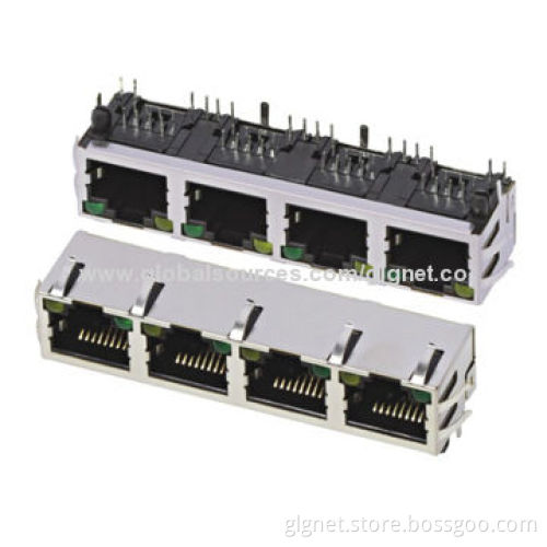 Tab up 1*4 port RJ45 connector, with LED, shielded with spring, R/A type, flat pin